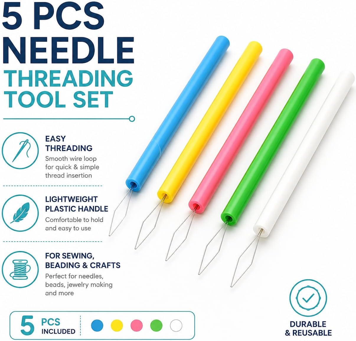 5Pcs Needle Threading Tool Set, Easy Threading Guide for Sewing, Plastic Threader for Elderly, Beading and Handcraft Accessories