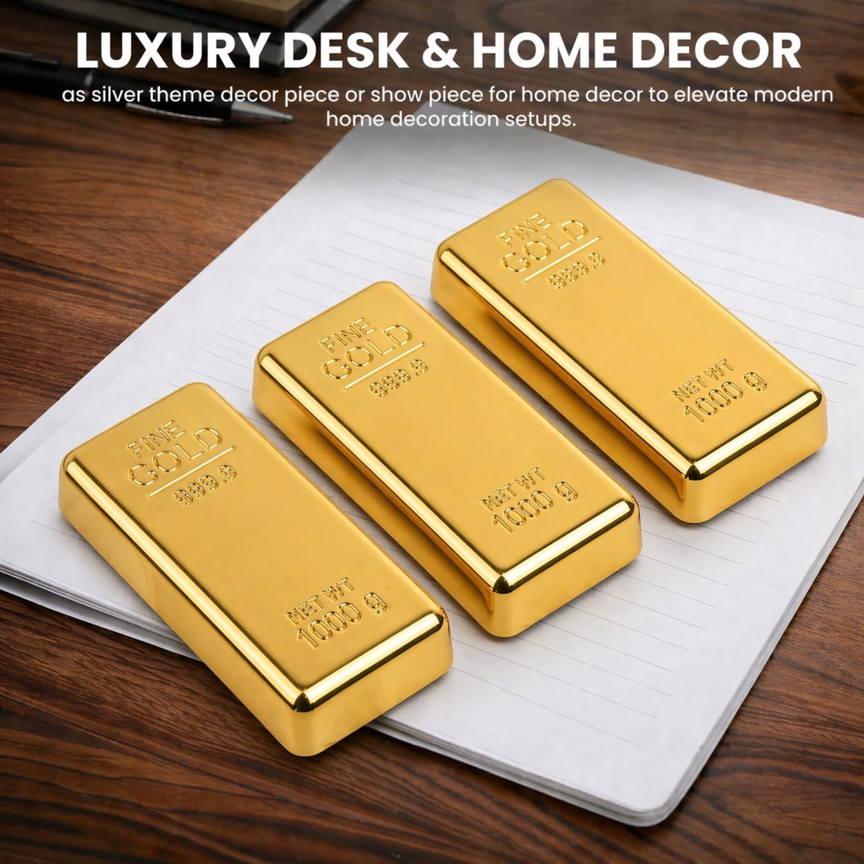 ZAHEPA Realistic Metal Gold Bar Paperweight for Office Table, Fake Gold Biscuit Paper Weight Table Decoration, Prop for Jewellery Shop & Heist Theme, Unique Gift for Home & Office (Pack of 3) 2