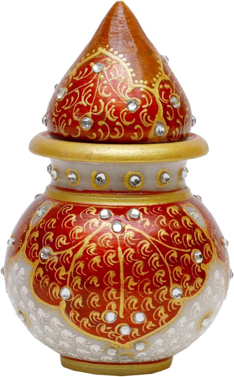 Decorative Round Marble Kalash for Pooja | Handicraft Home Decor Designer Red Puja Lota with Nariyal for Holy Water in Temples & Home (Multicolor, 10x10x15 cm)