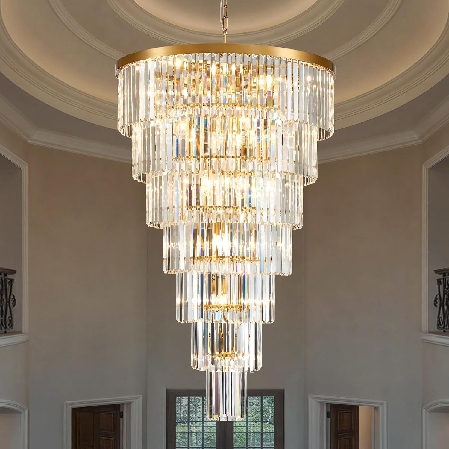 Gold 30 Inch Round Crystal Chandelier,47.2 Inch Height, 7-Tier Modern Chandelier, 22 Lights, Adjustable Chain for High Ceiling, Entryway, Staircase, Foyer, Dining Room