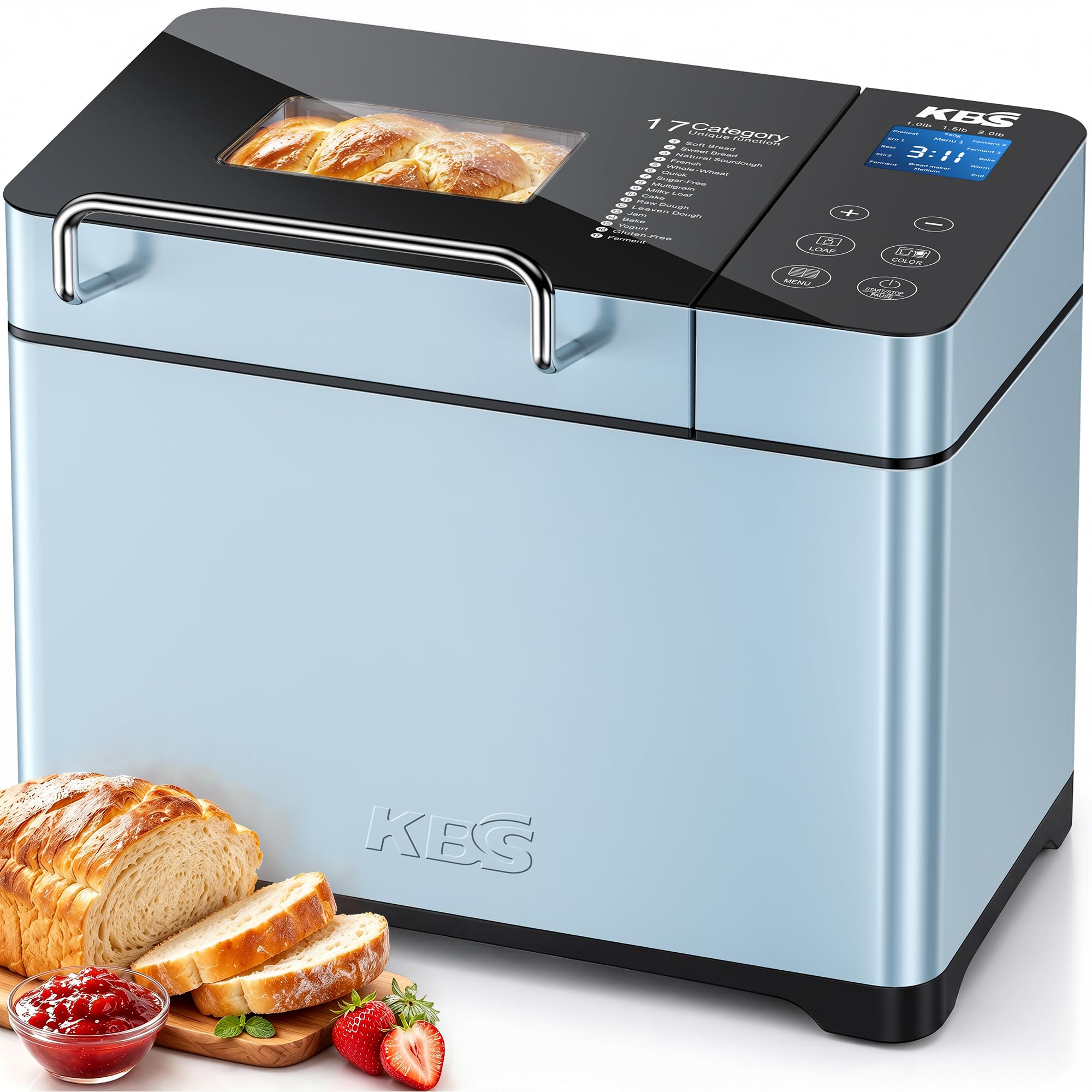 KBS Blue Bread Maker, 2.2LB Smart Bread Machine with Healthy Ceramic Pan, Touchscreen, Auto Nut Dispenser, 17 Automatic Programs, Gluten Free, Sourdough, Dough, Yogurt&amp;Jam, 15H Timer, Stainless Steel