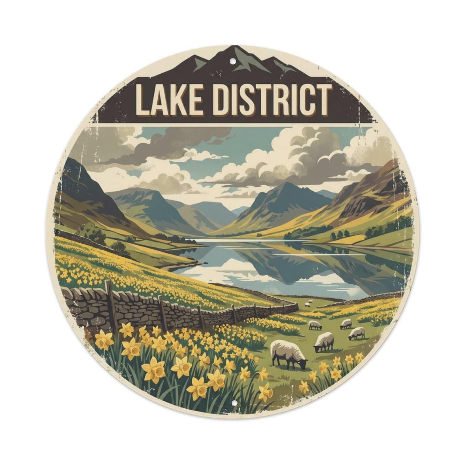 Vintage Travel Lake District Blooms Metal Tin Sign Plaque Wall Decor for Cafe, Club Bar, Office, Home Garden Round Metal Poster 8x8Inch