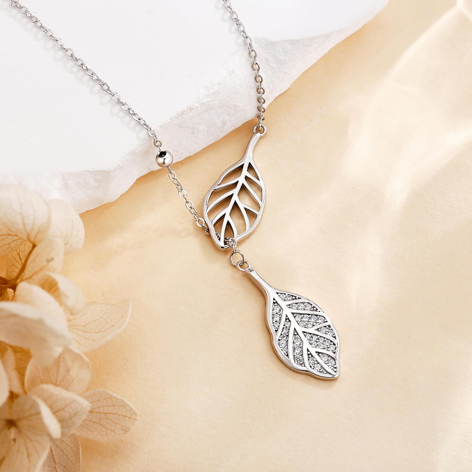 Leaf Necklace 925 Sterling Silver Long Y Leaf Adjustable Pendant Jewelry Gift for Women