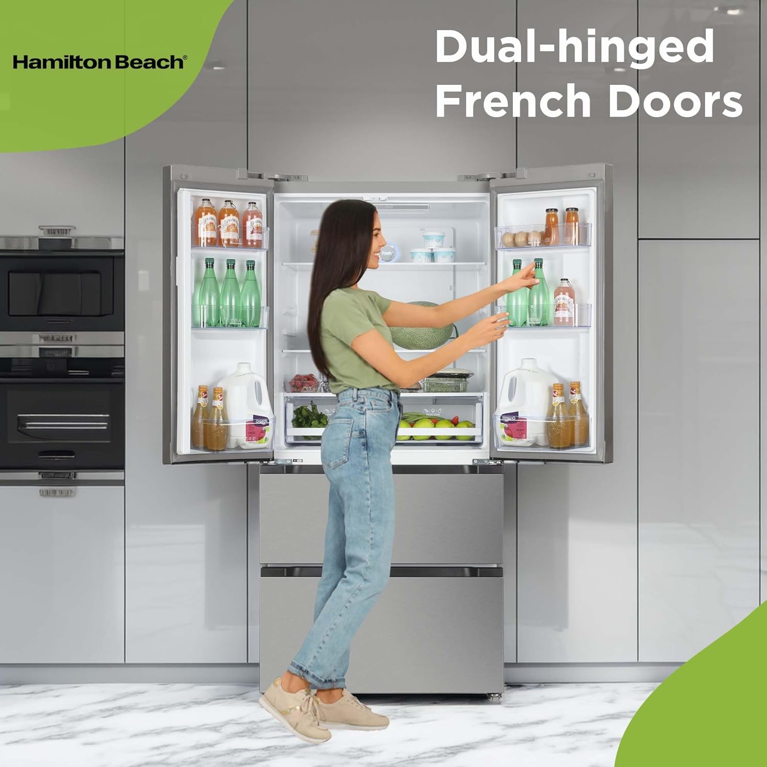 Hamilton Beach HBFR1504 Full Size Counter Depth Refrigerator with Two Freezer Drawers, 17.9 cu ft, Stainless