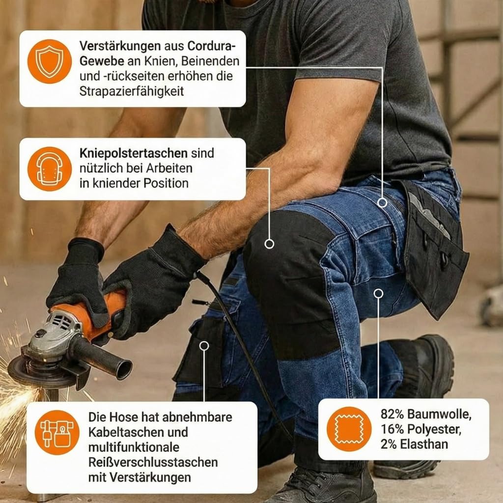 NEO TOOLS Pantalones de trabajo resistentes para hombre, de tela vaquera, 400 g/m², con bolsillos acolchados en las rodillas, refuerzos de cordura y porcentaje elástico