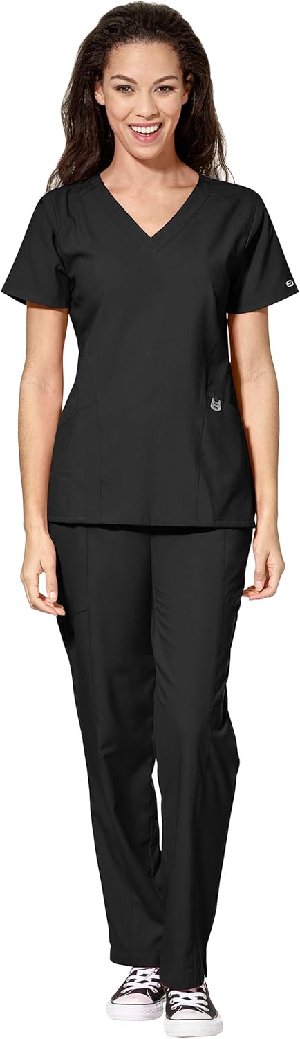 WonderWink W123 Women's Stylized V-neck Top & Flat Front Double Cargo Pant Scrub Set + Badge Reel
