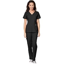 WonderWink W123 Womens Stylized V-neck Top & Flat Front Double Cargo Pant Scrub Set + Badge Reel