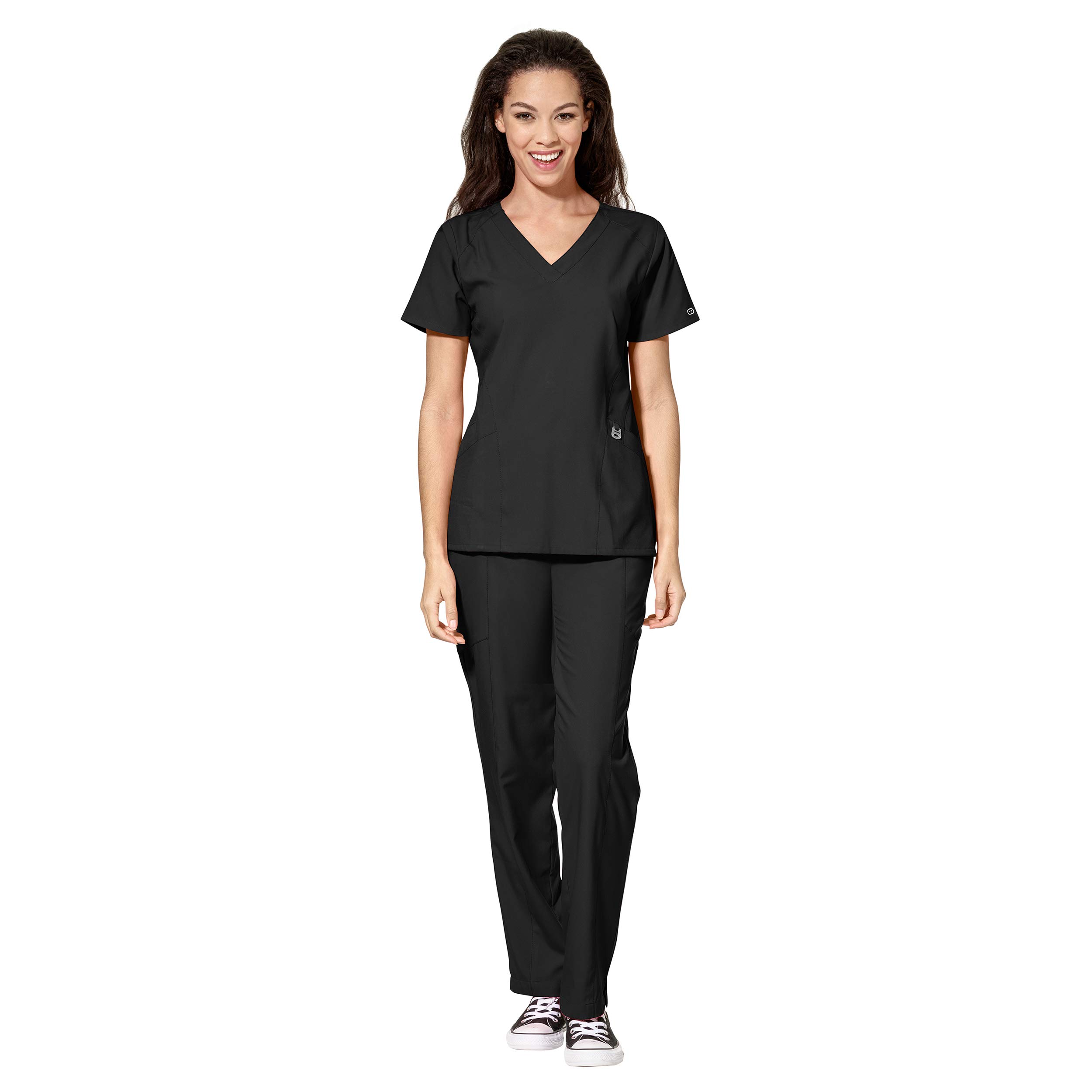 W123 Women's Stylized V-neck Top & Flat Front Double Cargo Pant Scrub Set + Badge Reel