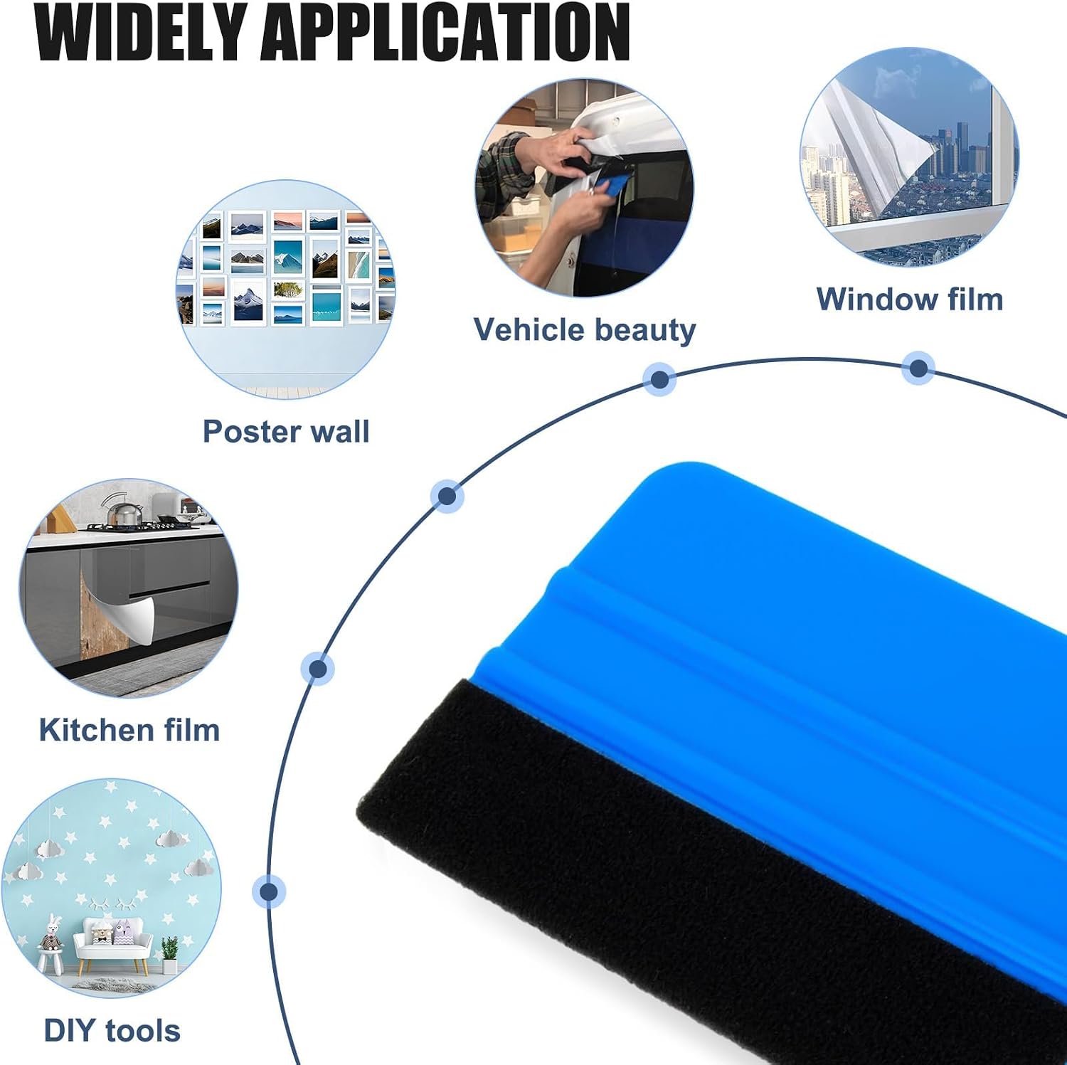 3PCS 4" Blue Vinyl Squeegee Plastic Scraper widely Used for car Window Film | for car vinyl film wrapping decal window tinting diy craft, with black fringed fabric, bubble-free film