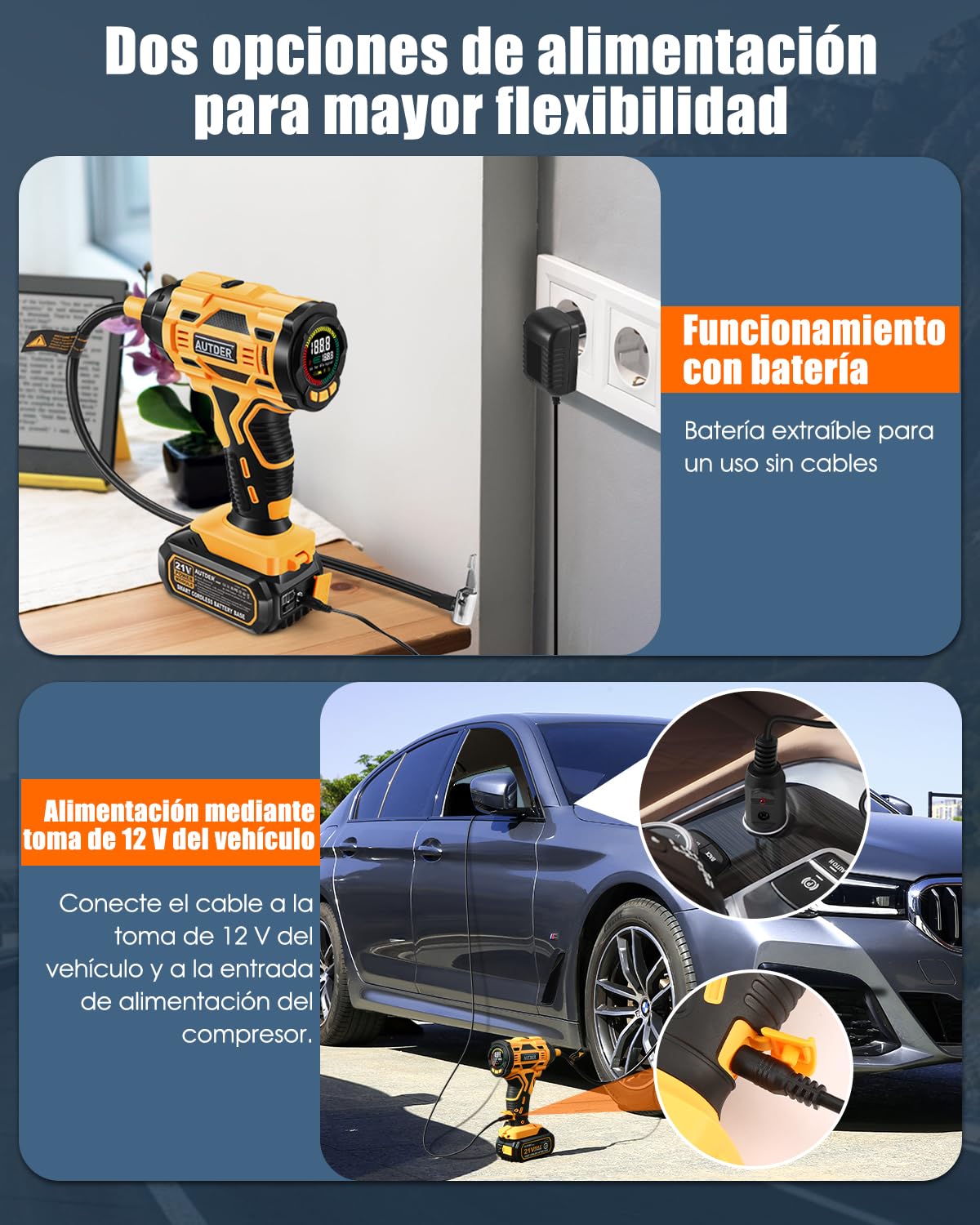 AUTDER Inflador de Neumáticos Portátil 180 PSI, Compresor de Aire Inalámbrico con Batería Extraíble de 21V y Cable de Alimentación para Coche 12V, Apagado Automático, Pantalla LCD, Luz LED para Coche