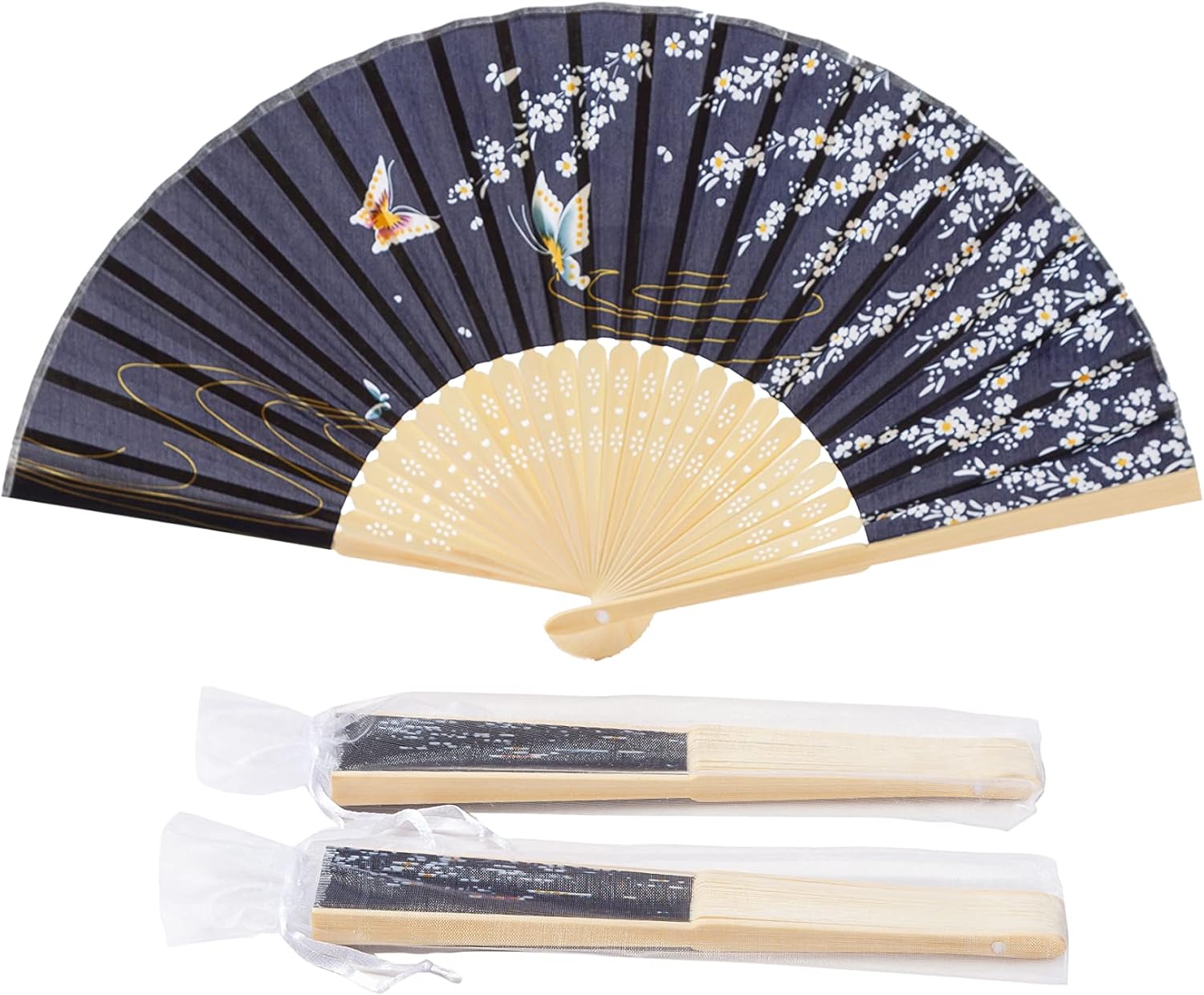 50pcs Black Cherry Blossom Pattern Imitated Silk Fabric Bamboo Folded Chinese Hand Fan Bridal Dancing Props Church Wedding Party Favors White Organza Bags(Q63)