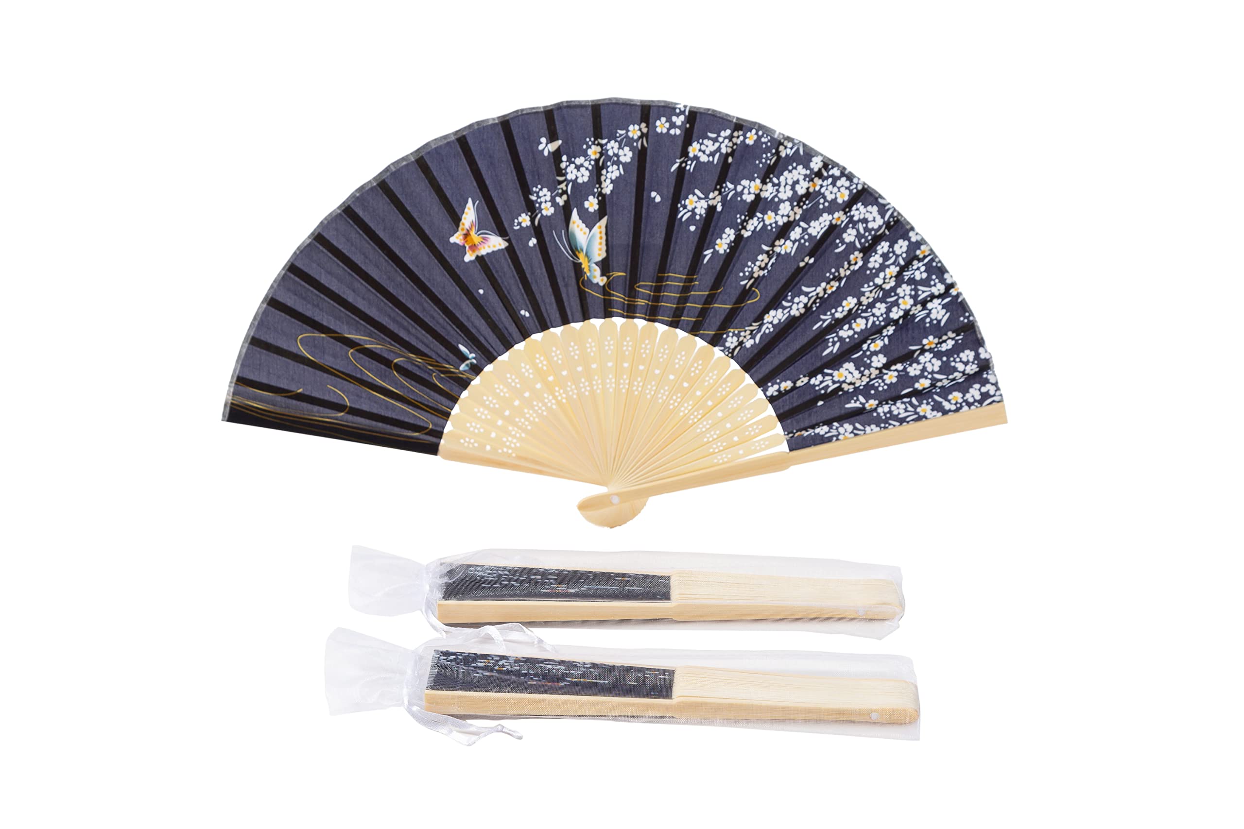 SepweddSepwedd 50pcs Black Cherry Blossom Pattern Imitated Silk Fabric Bamboo Folded Chinese Hand Fan Bridal Dancing Props Church Wedding Gift Party Favors with Gift Bags(Q63)