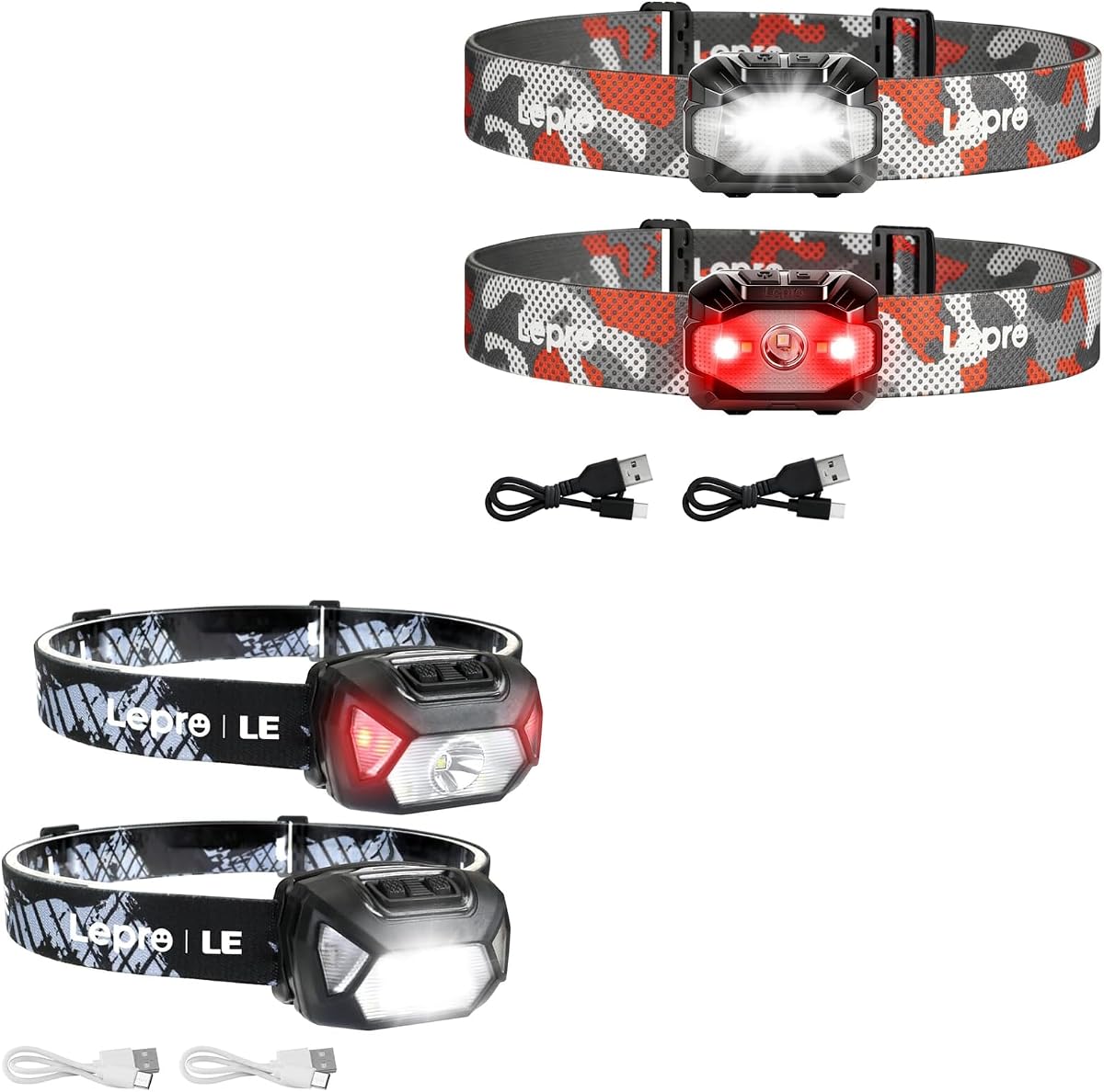 Lepro Bundle - 2 Items : USB Rechargeable 320014 LED Headlamp & 2 Pack 320023 Dual Power Headlamp for Camping, Running, Hiking, Emergency