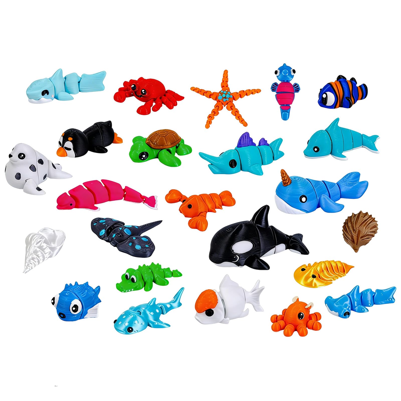 CavspkArt 24Pcs 3D Printed Ocean Animals Set, Movable Joint 3D Printed Mini Sea Animals Starfish Shark Whale, Mini Sea Animal Toys Set Colorful, Cute 3D Printed Fidget Toy for Adults Desk Decor