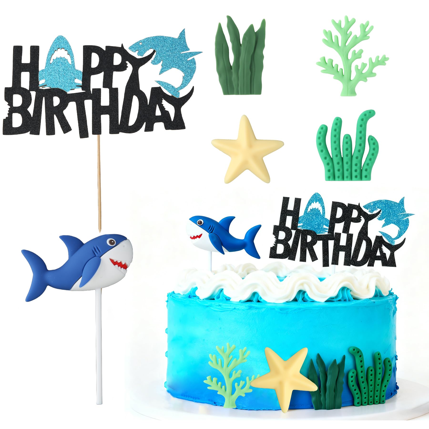 Wasise Shark Cake Decorations - Shark Birthday Decorations, Ocean Themed Cake Topper, with Shark Figurines, Seaweed, Starfish for Ocean Theme Party Birthday Baby Shower Party Supplies 6PS