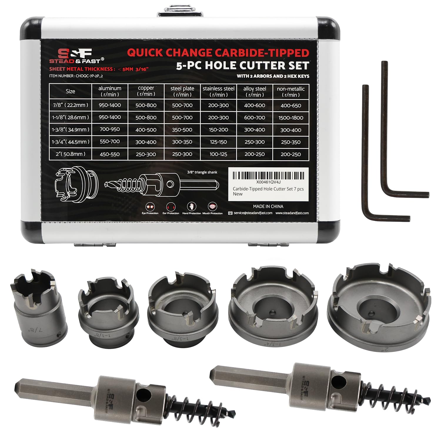 S&F STEAD & FAST Heavy Duty Carbide Hole Cutter, 7PCS, Quick Change Hole Saw Kit, 7/8”-2”, Carbide Hole Saw Kit for Metal, Stainless Steel