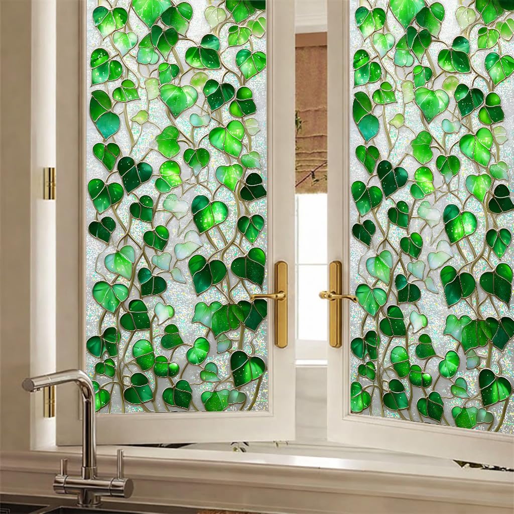 Stained Glass Window Film Privacy, Green Ivy Leaf Window Cling, Decorative Frosted Glass Window Privacy Film Suitable for Home Door and Window Decoration 17.5x38.3 inches