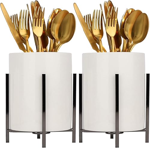 SIEBOLD Soporte resistente para bolígrafo para escritorio de cerámica, vaso de lápiz de combinación simple con soporte de metal negro (4.6 - 3.14