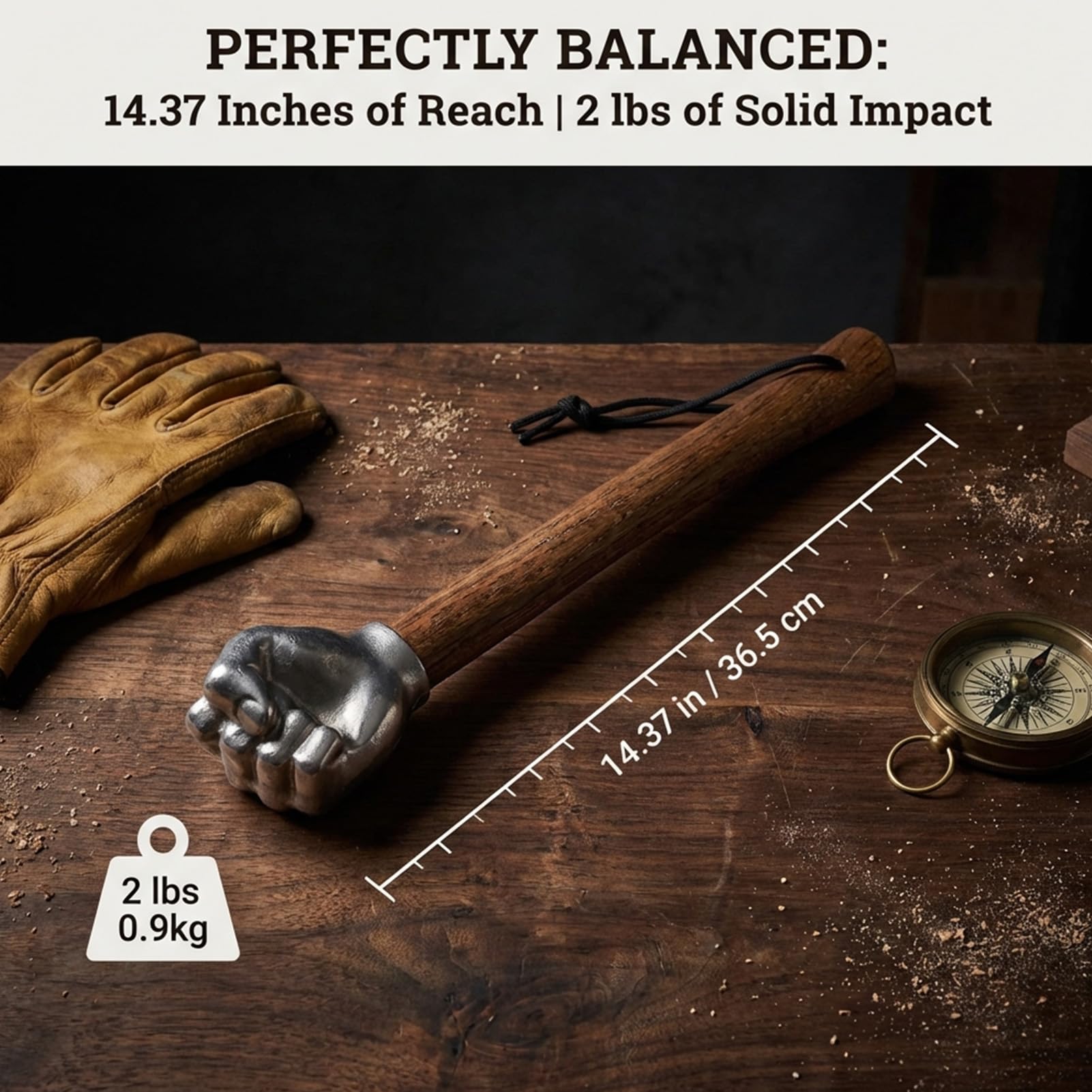 Fafeicy Martillo en Forma de Puño, Cabeza de Acero Inoxidable con Mango de Madera Maciza, Herramienta Multiusos para Uso Doméstico Al Aire Libre, Camping, 14,37 Pulgadas, 2 Libras
