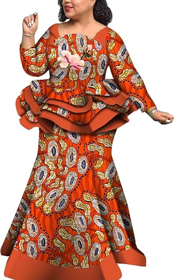 ABCWAX 2 Pieces Set African Outfits Set for Women Long Sleeve Ruffled Tops and Long Mermaid Skirt Plus Size Dress