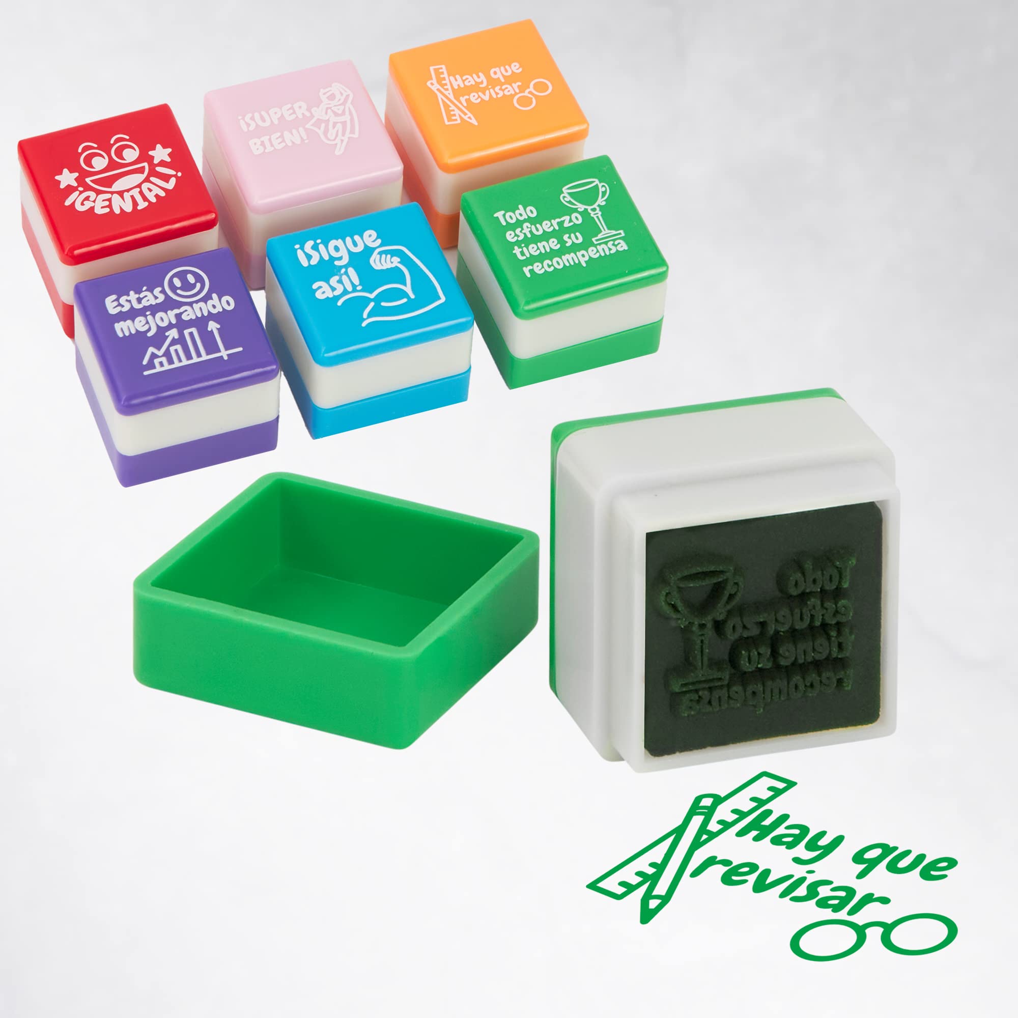 Set de 6 Sellos Cuadrado Motivacionales para Regalo Profesores y Niños, Infantiles, Colores Variados, Seguros y Duraderos, 25mm x 15mm, para Estimulación y Diversión en el Aprendizaje. (6, Español)