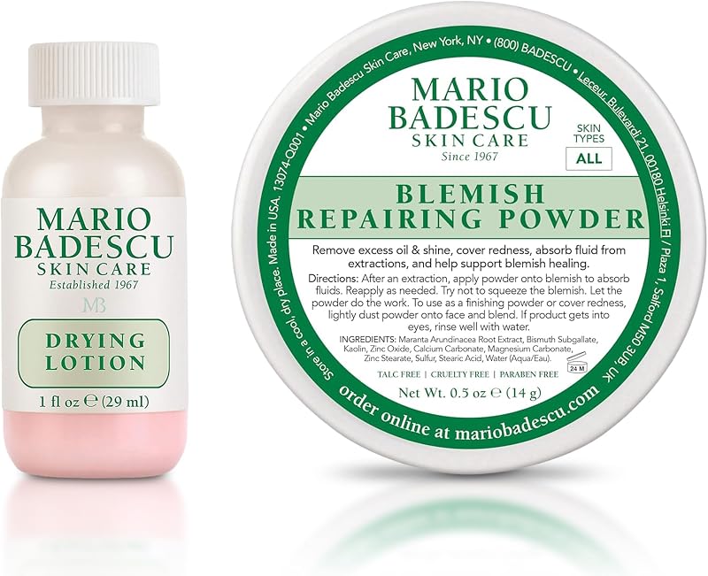 Mario Badescu Drying Lotion & Blemish Repairing Powder Bundle | Fast-Acting Spot Treatment & Oil-Control Powder | With Salicylic Acid, Sulfur, Zinc Oxide | Reduces Redness, Conceals Blemishes
