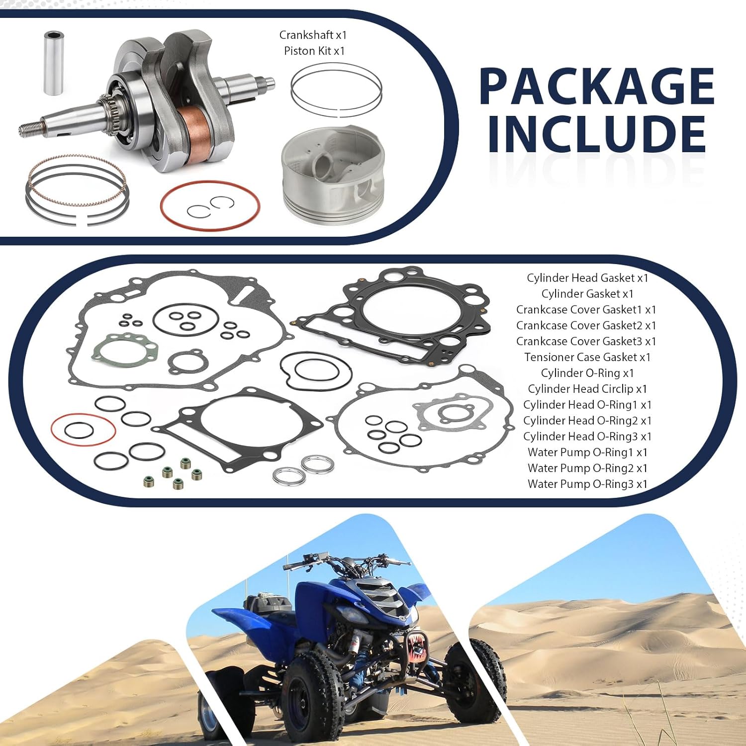 Engine End Rebuild Kit Crankshaft STD Piston + Ring W/Gaskets Compatible with Yamaha Raptor 660R YFM660 2001-2005