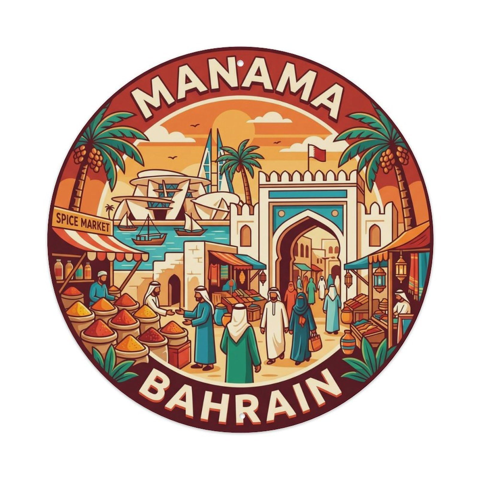 Vintage Travel Bahrain Manama Souq Vintage Metal Tin Sign Plaque Wall Decor for Cafe, Club Bar, Office, Garden Metal Poster 8x8Inch
