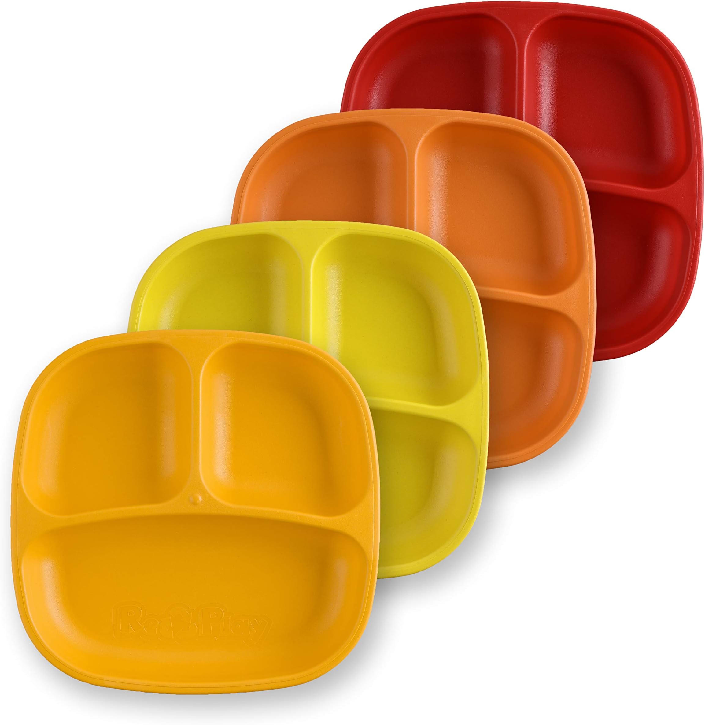 Re-Play 4pk - 7.37" Divided Plates with Deep Sides for Baby, Toddler & Child Feeding in Sunny Yellow, Red, Orange & Yellow | BPA Free | Made in USA from Eco Friendly Recycled Milk Jugs | (Fall 4pk)