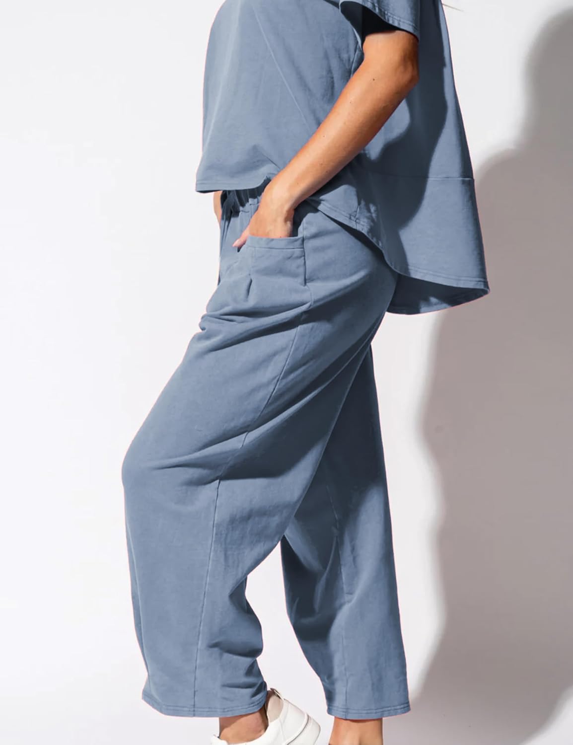 Women’s Lounge Set 2 Piece Short Sleeve Top Barrel Wide Leg Pants Comfy Matching Travel Outfit