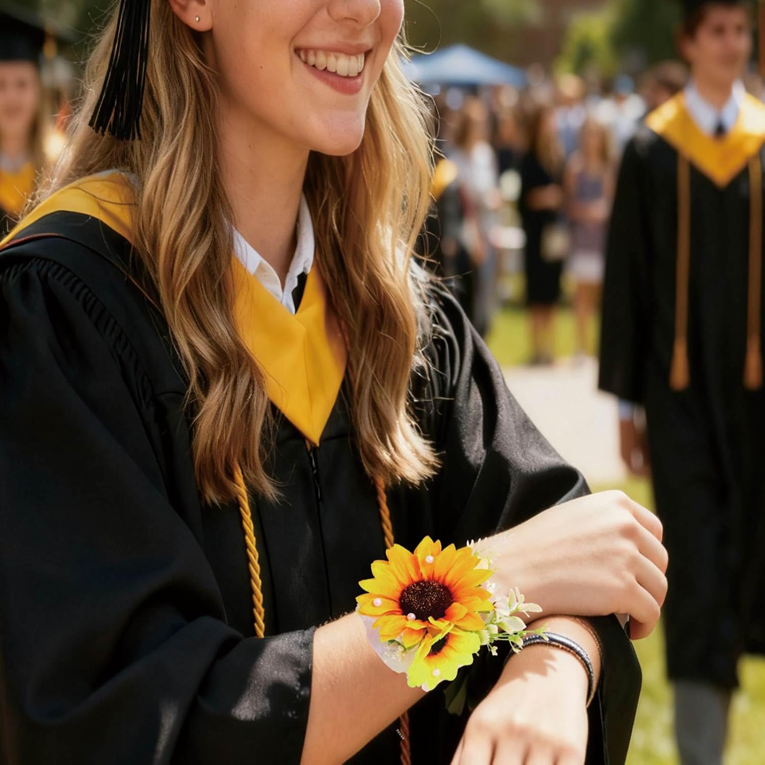 Wrist Corsage and Boutonniere Set, Artificial Rose Corsage Wristlet and Boutonniere for Wedding Prom Party (2pcs Sunflower Wrist Corsage) - Image 6