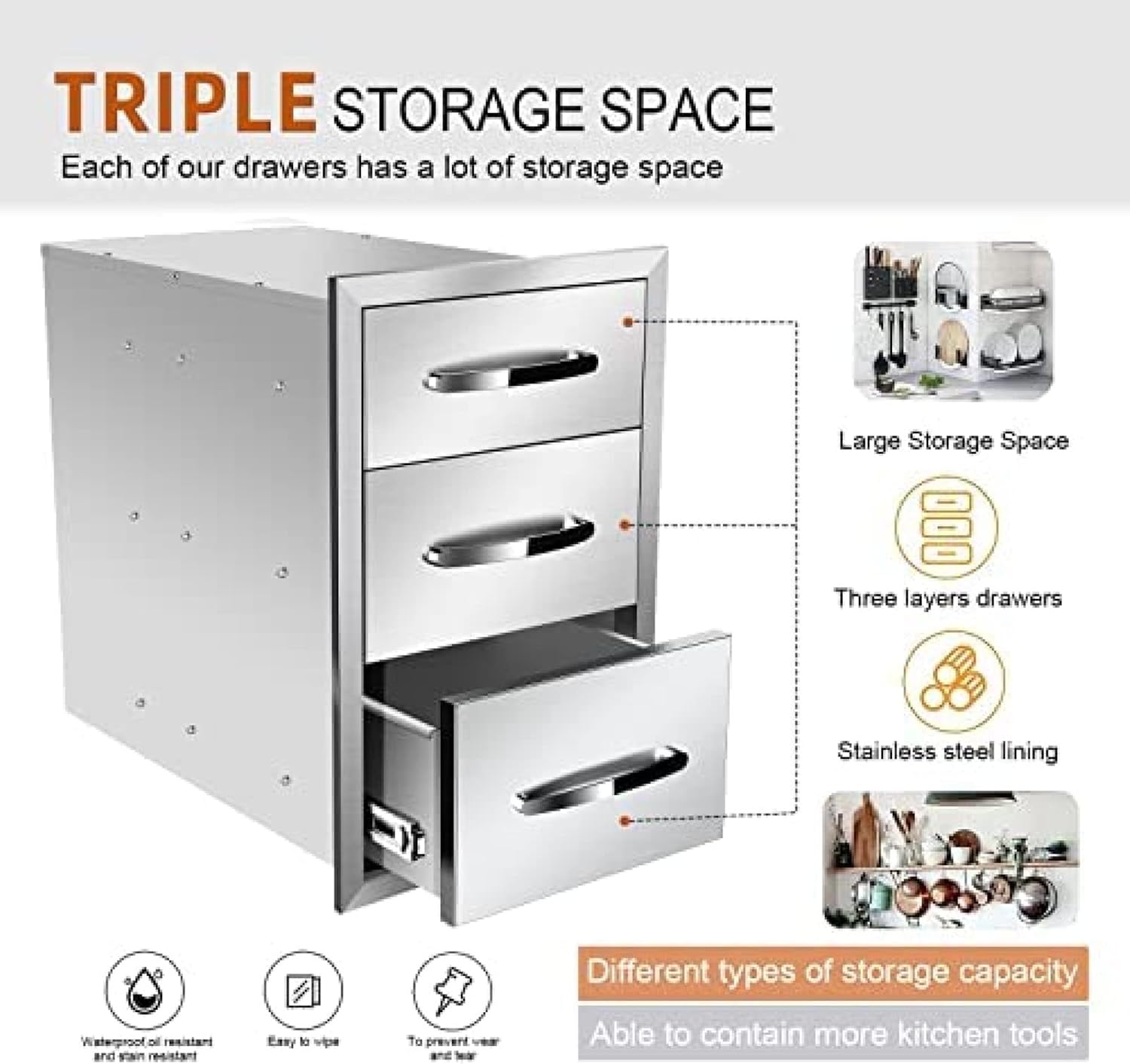 Stainless Steel Outdoor Kitchen BBQ Island Drawers - Flush Mount Triple Access, 14Wx21Dx21H