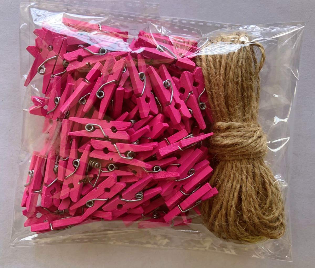 100 Pcs Mini White Wood Clothespins With Jute Twine - Craft Photo Display DIY Decoration Kit
