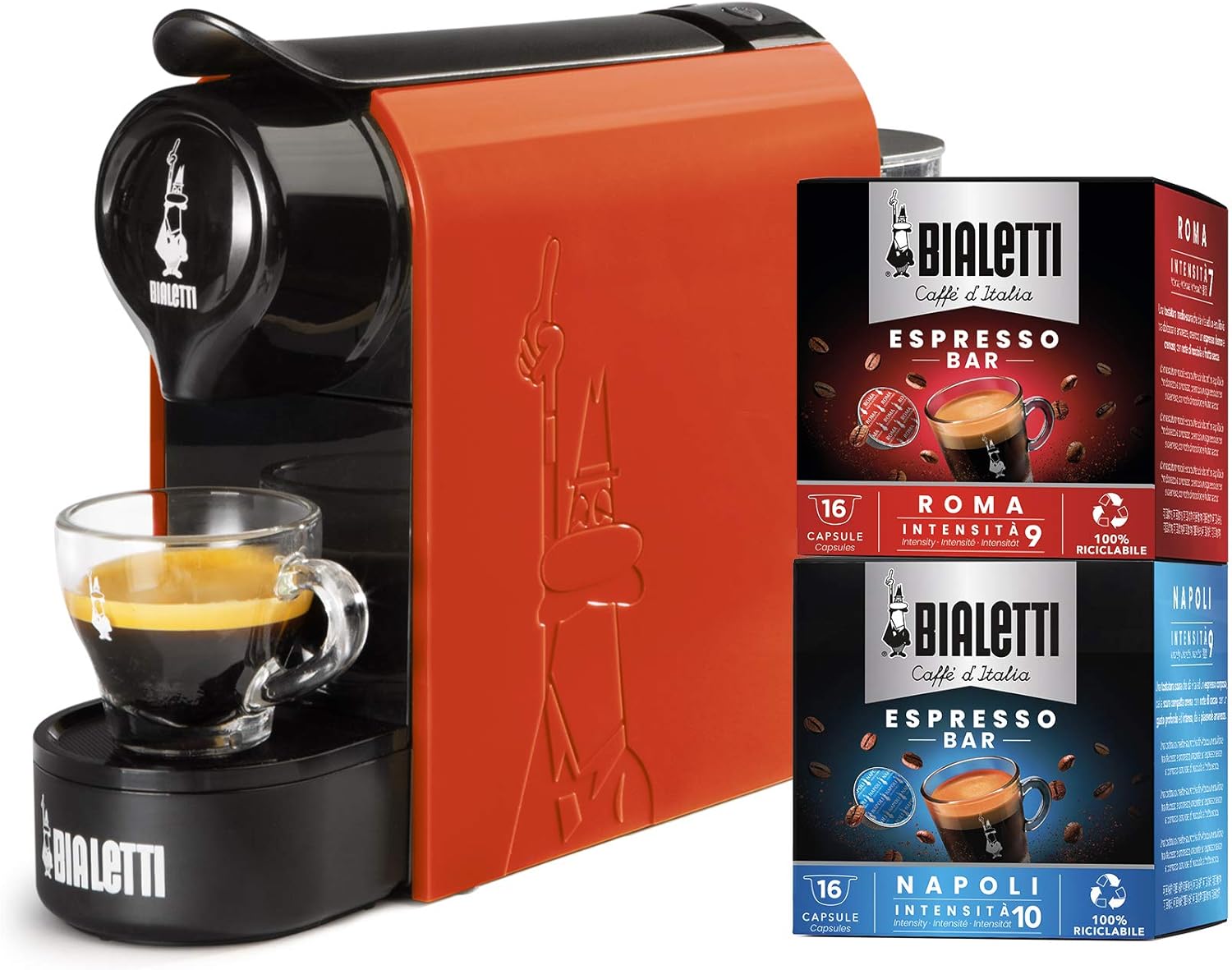 Bialetti Gioia, Macchina da Caffè Espresso per Capsule in Alluminio sistema Caffè dItalia, Supercompatta, Arancione + 32 CAPSULE Bialetti Gioia, Macchina da Caffè Espresso per Capsule in Alluminio sistema Caffè dItalia, Supercompatta, Arancione + 32 CAPSULE