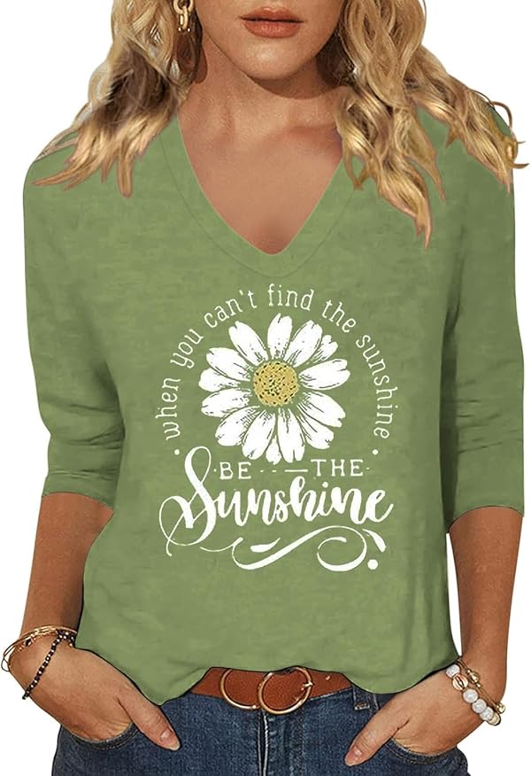 TKTSO Women's Vintage Daisy Flower V Neck Shirt Funny Be The Sunshine Letter Printing 3/4 Sleeve Top Casual Cottagecore Tee（M,Green-01 by TKTSO - Used condition - US$12.23