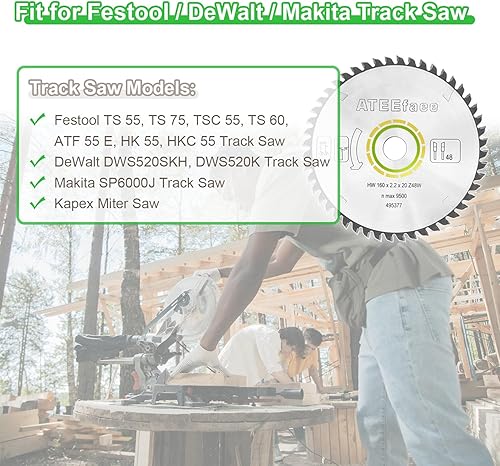 Miniatura 3 de Hoja de sierra de pista mejorada 495377 491952 para Festool TS 55, TS 75, TSC 55, TS 60, ATF 55 E, HK 55, HKC 55, DeWalt DWS520SKH, DWS520K, Makita