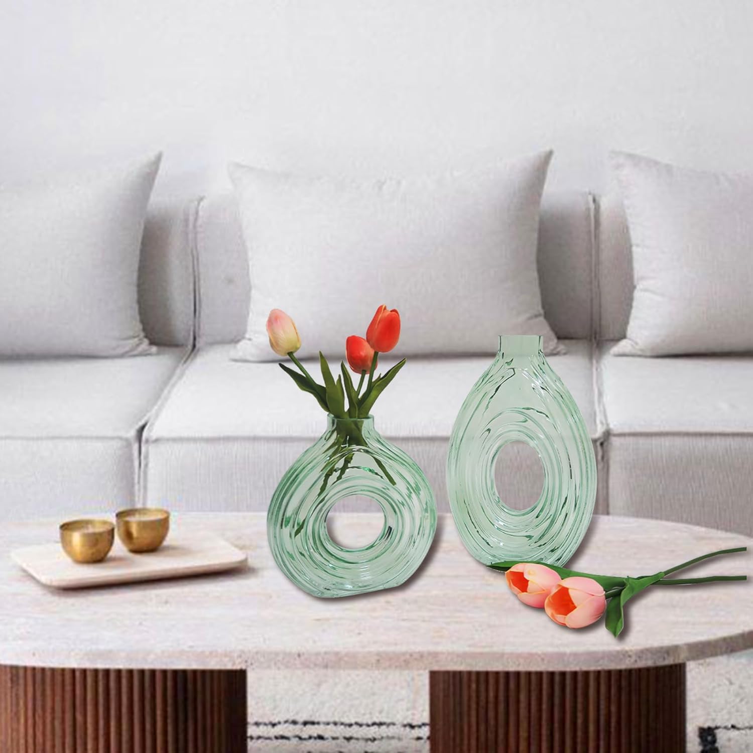 Glass Flower Vase 2 Set of Green Thickened Heavy Vintage Large Vases for Minimalist Nordic Retro Modern Ins Boho Style Parties Wedding Decorations, Office Home Decor, Housewarming Gift (2Pack, Green)