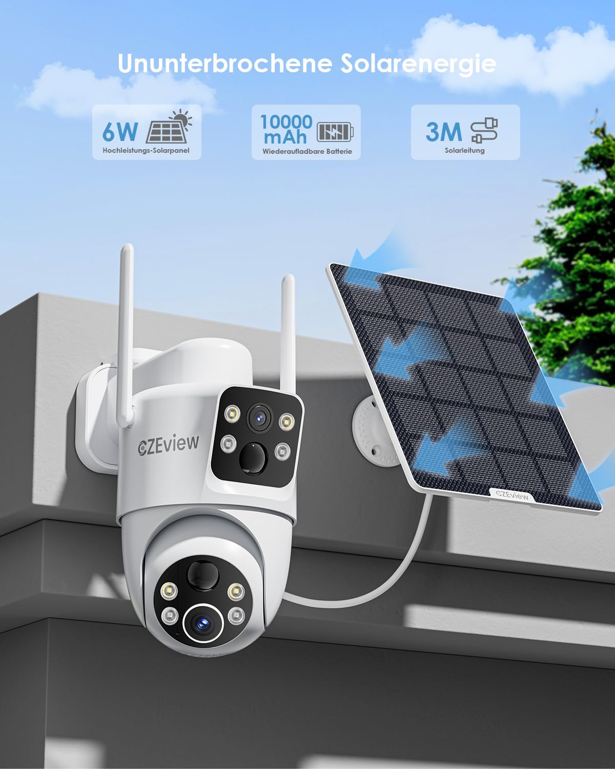 CZEview 4MP Dual Objektiv Überwachungskamera Aussen Solar, 10000mAh Akku | Wlan Outdoor Kamera mit 360° PTZ, 2.4GHz, Dual PIR Bewegungsmelder, Farb-Nachtsicht, 2-Wege-Audio, Wasserdicht IP65