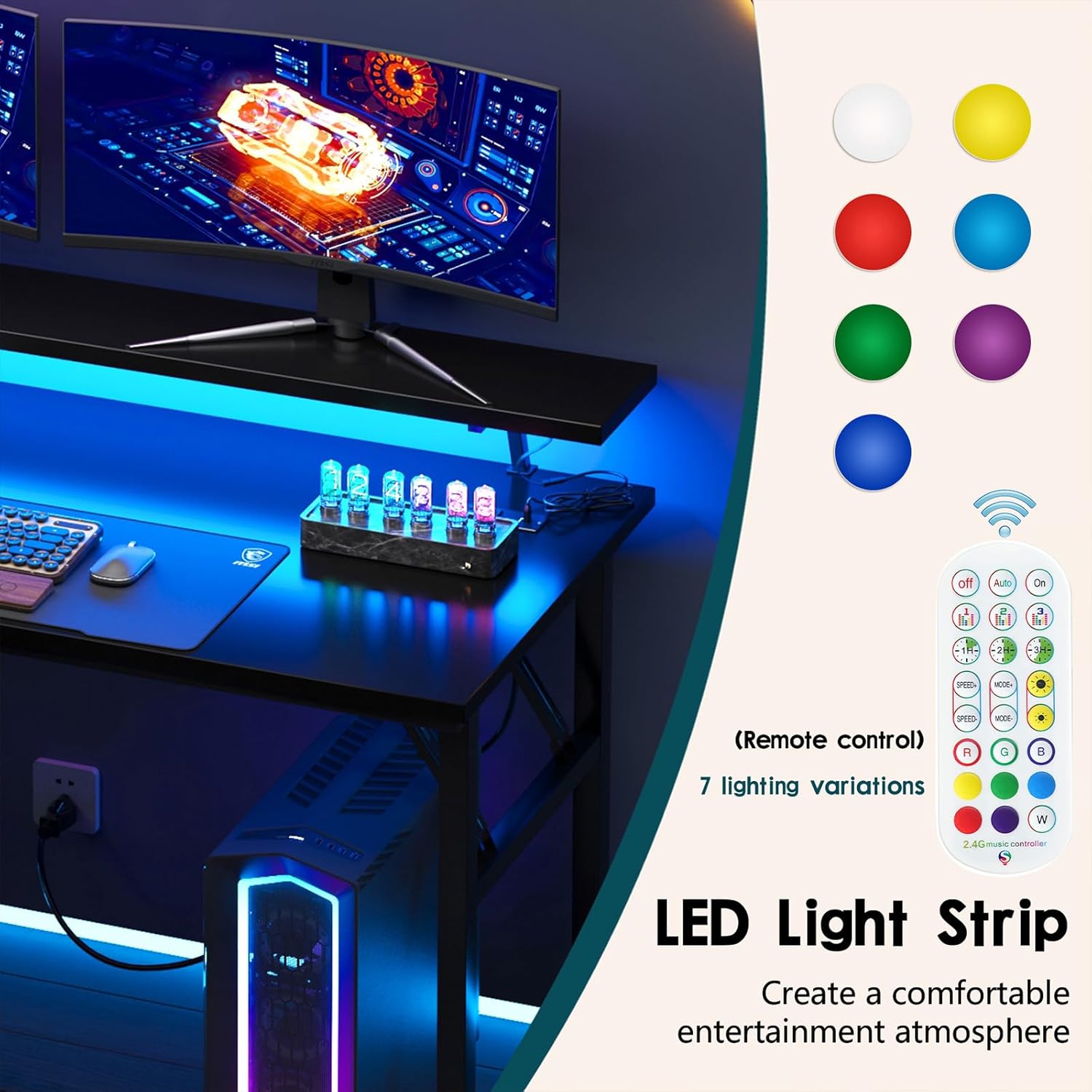 DlandHome Computer Desk 39’’ with LED Lights & Power Outlets, Folding Desk with Monitor Stand, Writing Desk Home Office Desk, Black