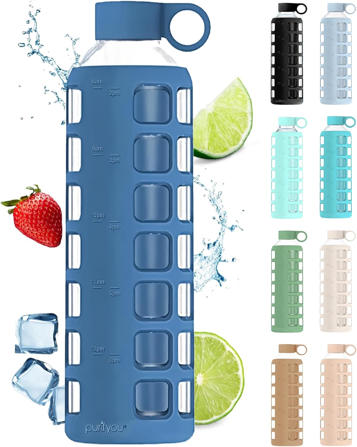 purifyou 40oz / 32oz / 22oz / 12oz Borosilicate Glass Water Bottle with Time & Volume Markers, Silicone Sleeve, Stainless Steel Lid – Reusable Glass Bottle for Water & Juice (32oz Chinese Porcelain)