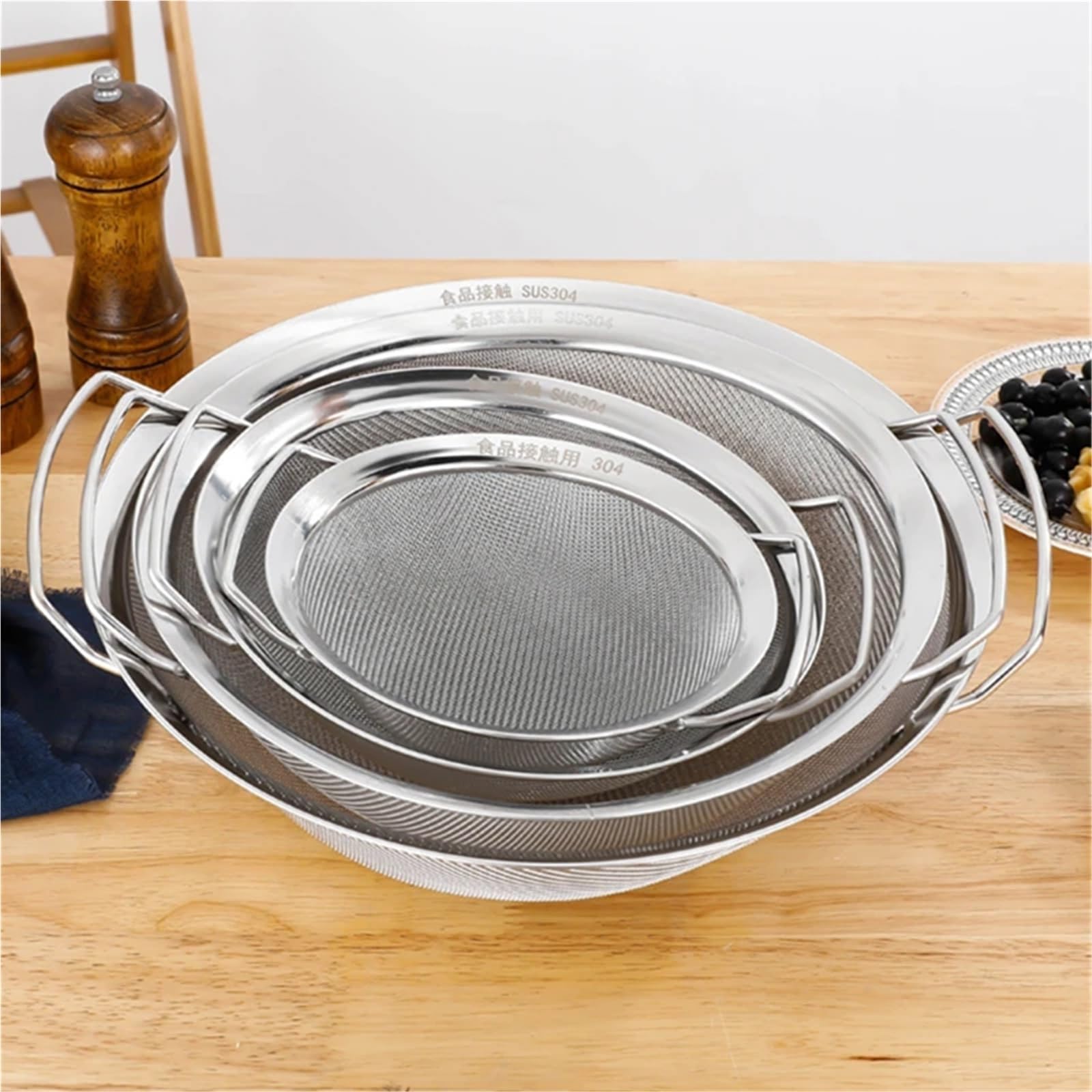 Filtros de acero inoxidable. Cesta coladora de malla fina de acero inoxidable con asas dobles, tamiz grande for jugo, harina de arroz, filtro de alimentos, escurridor, utensilio de cocina, colador de