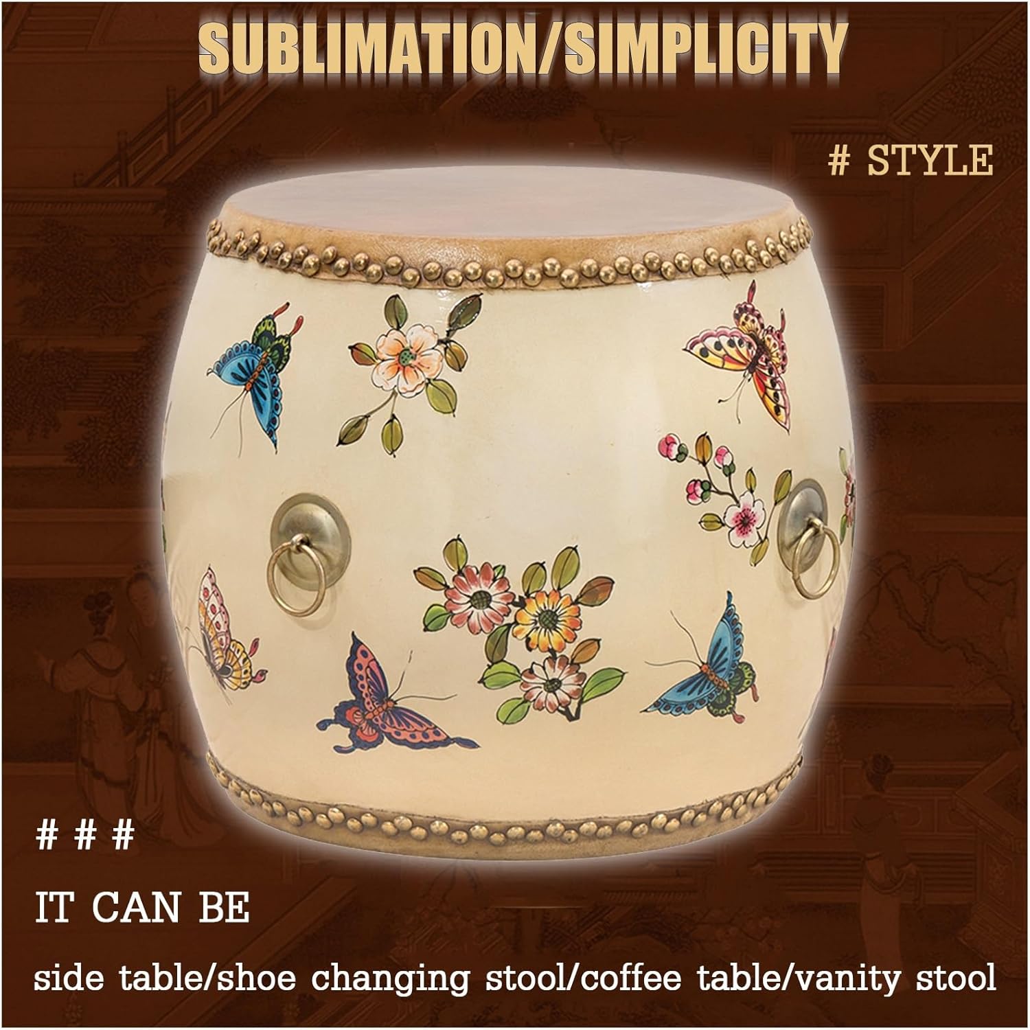 Chinese-Style Drum Stool, Glazed Hand-Painted, White, Wood/Leather, Decorative Garden Stool, Indoor/Outdoor, Small, 18 Inches Tall