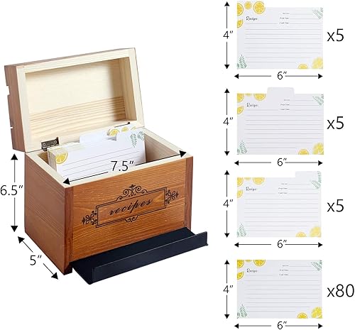 Miniatura 6 de WELLAND Wood Recipe Box with 4 x 6 Inches Cards, Phone Slot on the Top, Pull-out iPad Holder Stand, Card Dividers with Tap