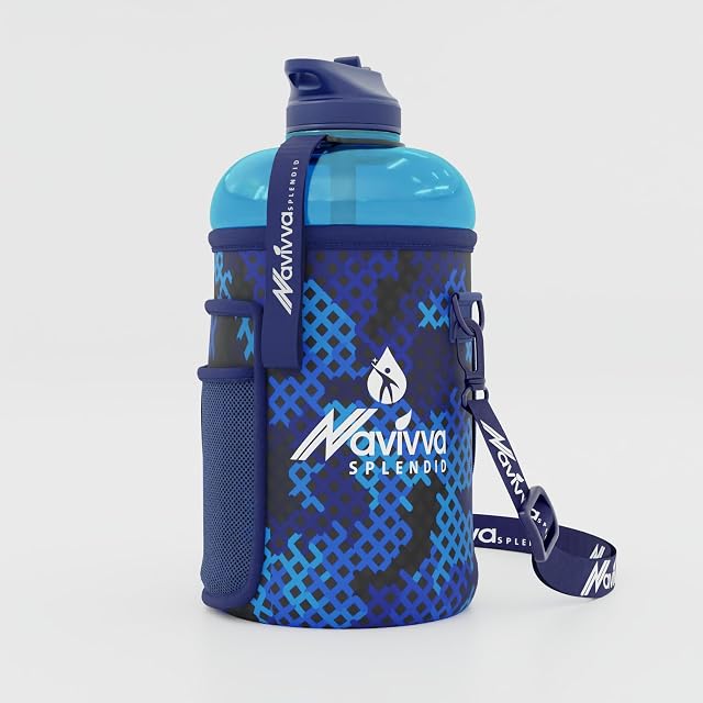 NAVIVVA SPLENDID Large 2L Water Bottle with Neoprene Cover and Straw Lid - Dishwasher Safe, Portable, Eco-friendly with Carry Handle  Huge 2.2 litre Capacity  Refill Once per Day  Great for Sports Gym Fitness & Travel
