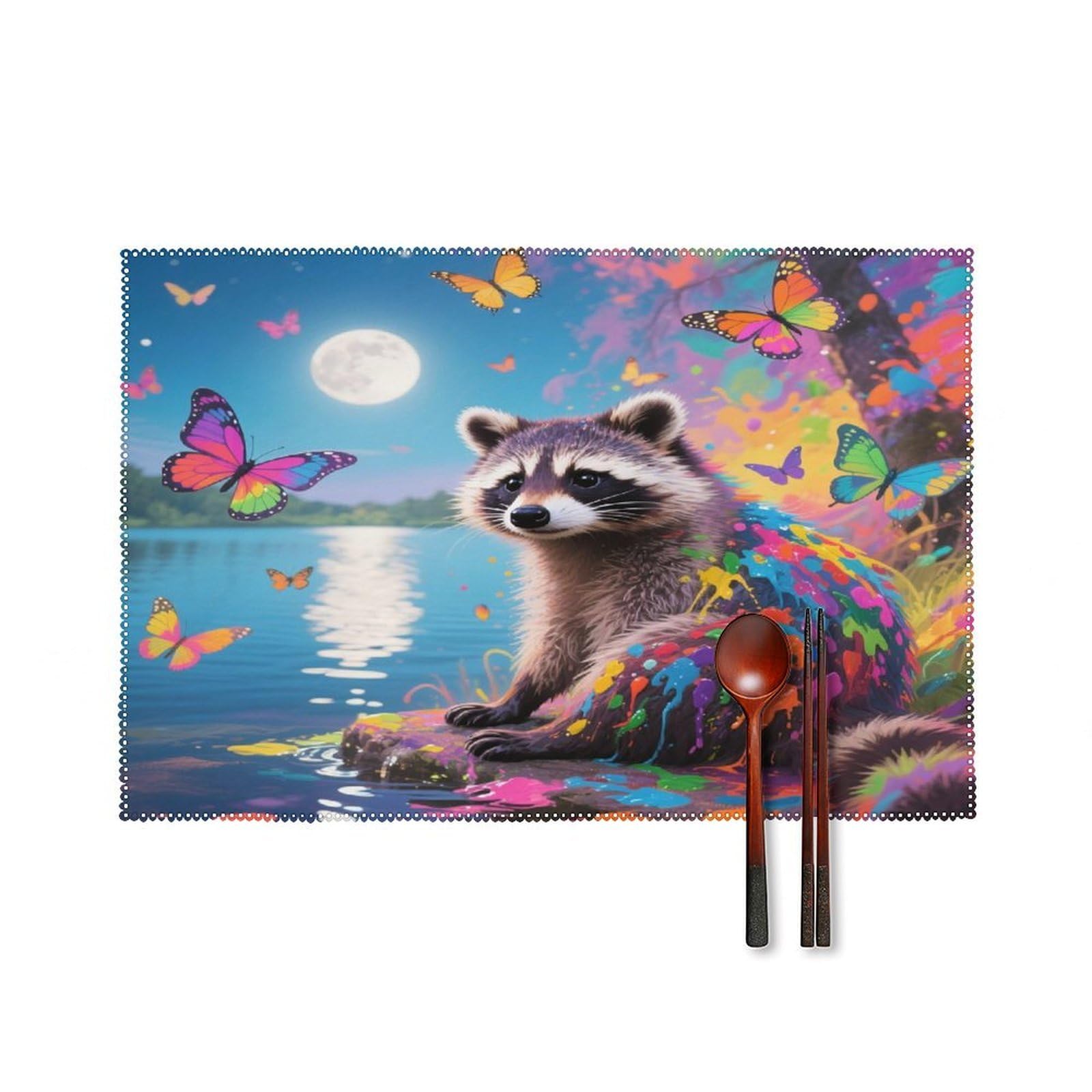 Moonlake Raccoon Placemats Set of 4 Heat Resistant Non-Slip Place Mats for Dining Table Washable Placemat Wipeable Dining Table Mat Canvas Place Mats Dining Table Decor