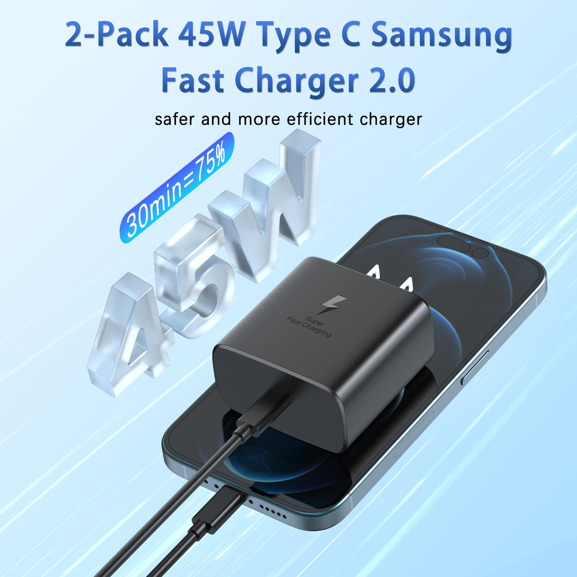 Cargador USB C de 45 W, Paquete de 2 Cargadores de teléfono Android de Carga rápida para Sam Sung Galaxy S24 Ultra/S24/S24+/S23 Ultra/S23/S23+/S22/S21/S20/Note10/20 Cable de Carga Tipo C