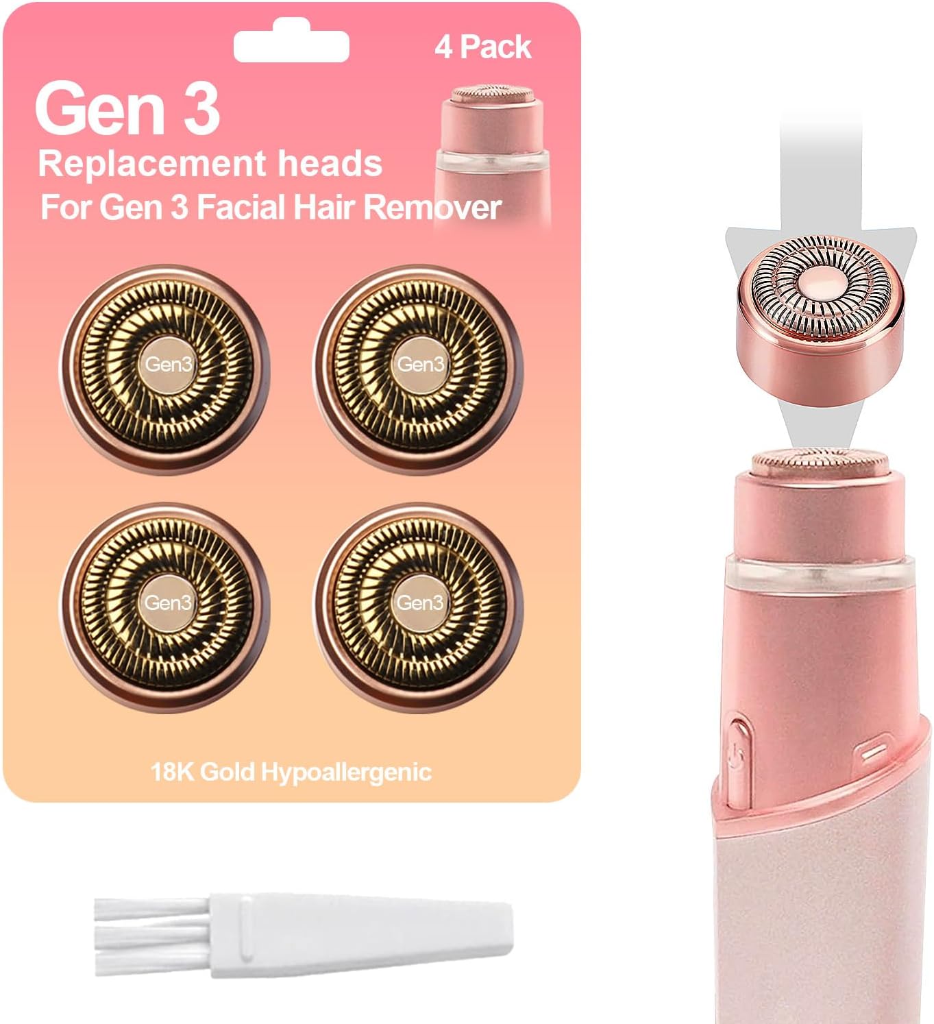 4-Pack Facial Rose Gold Gen 3 Replacement Heads for Flawless Hair Remover Generation 3, 18K Gold Double Blades