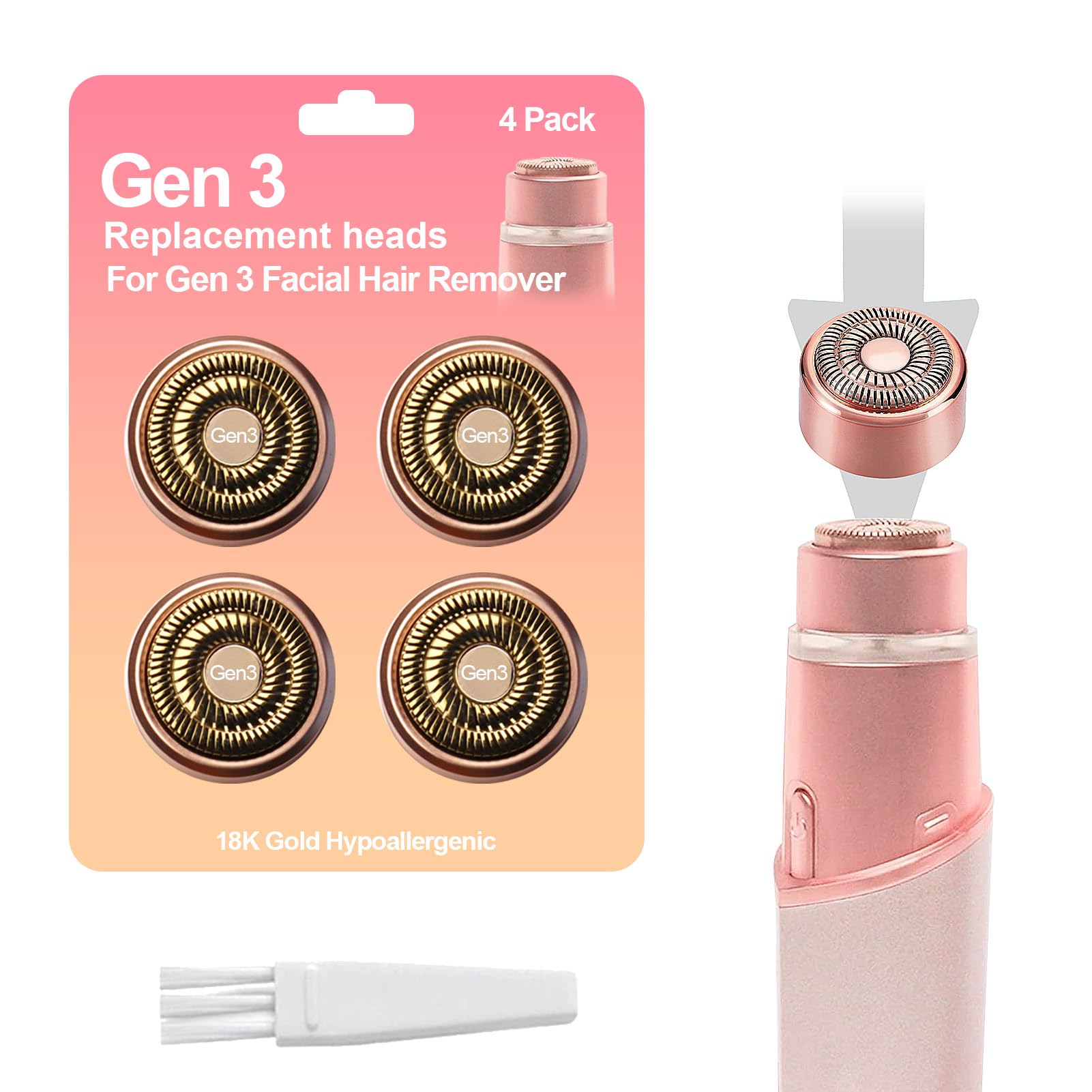 4-Pack Facial Rose Gold Gen 3 Replacement Heads for Flawless Hair Remover Generation 3, 18K Gold Double Blades
