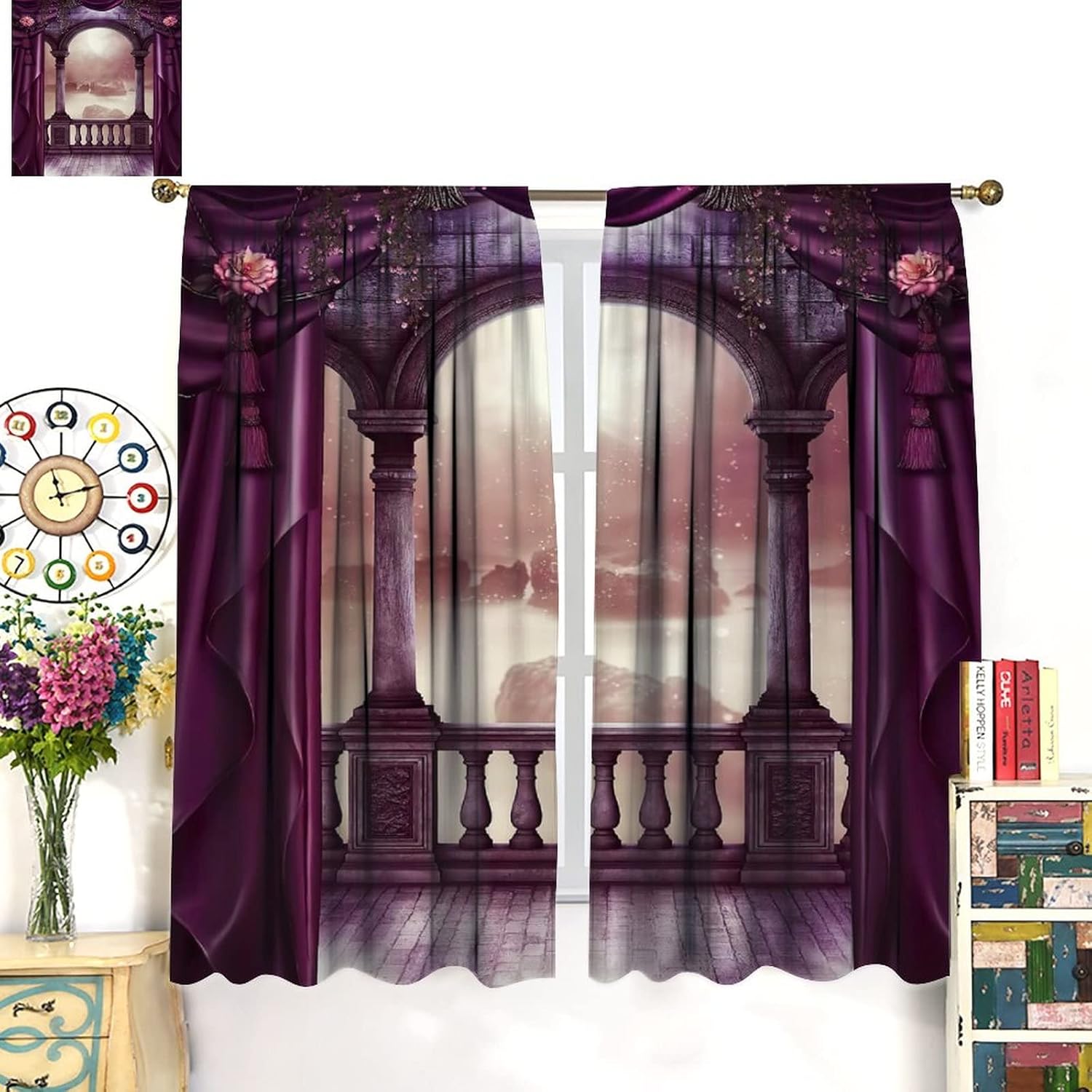Purple Gothic Curtains,Romantic Roses Medieval Castle Night View Blackout Window Door Curtains for Bedroom Living Room Home Decor W52xL84in