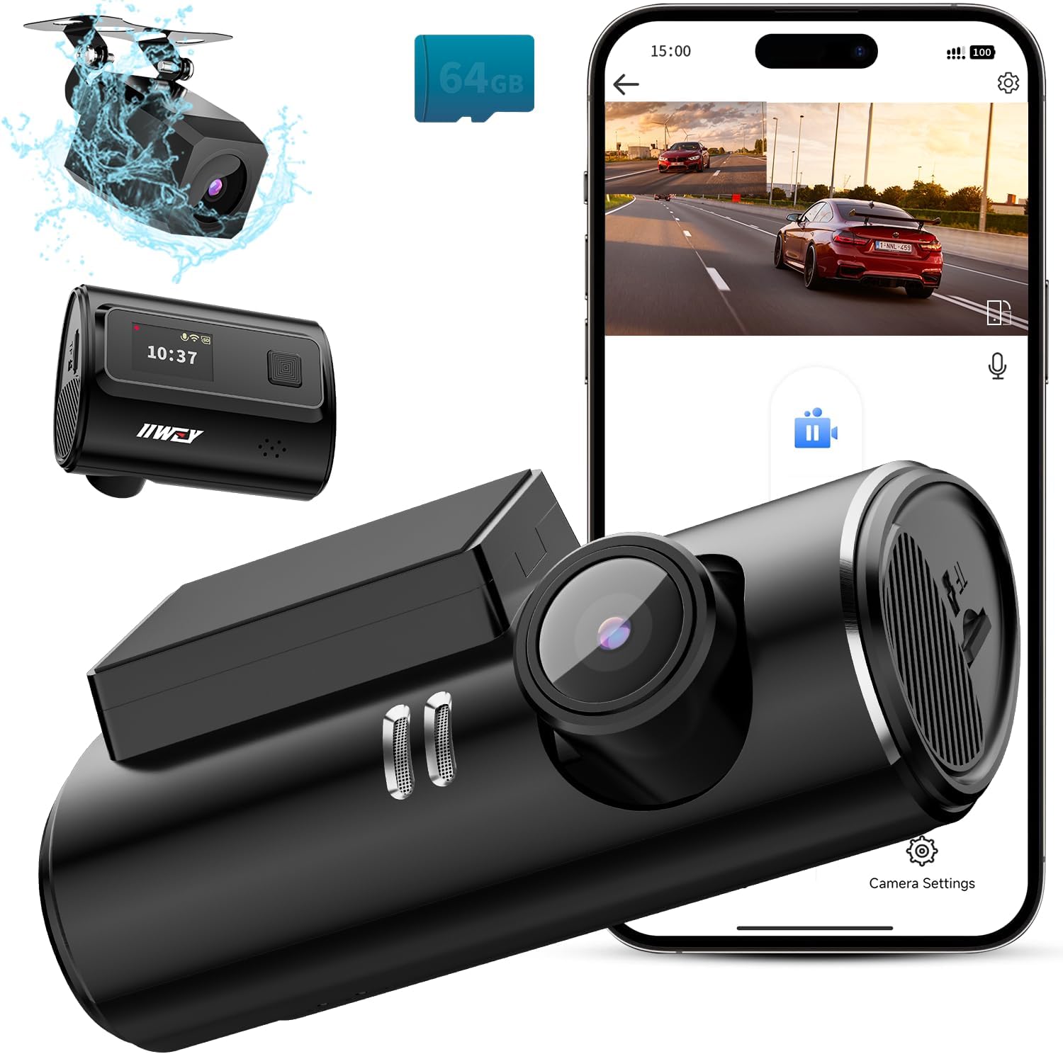 iiwey Dash Cam Front and Rear,2K & 1080P Dashcams Cars,with Free 64GB TF Card,Time-Lapse Recording & G-Sensor,WiFi & App Control,Voice Prompts,Super Night Vision,170° Wide Angle,24H Parking Mode